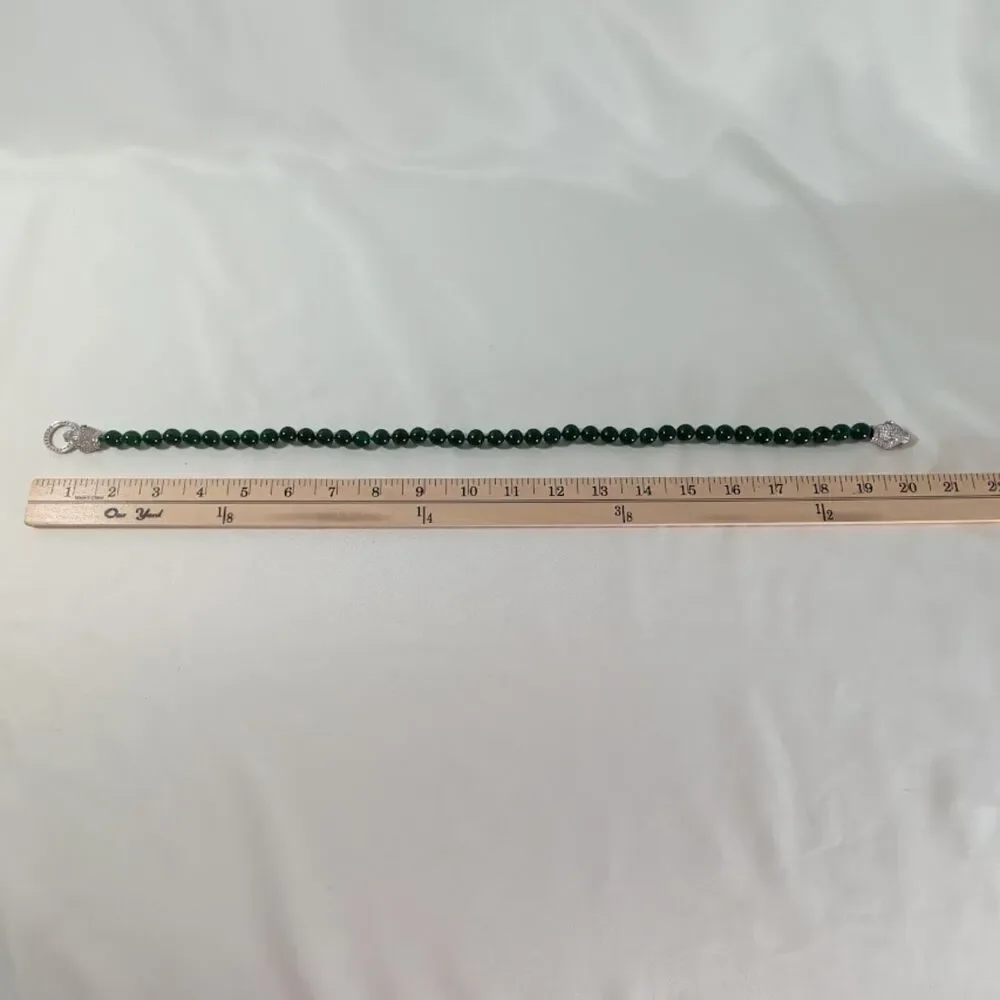 Vintage Double Panther Green Glass Bead Necklace Pave Clasp Hand Knotted